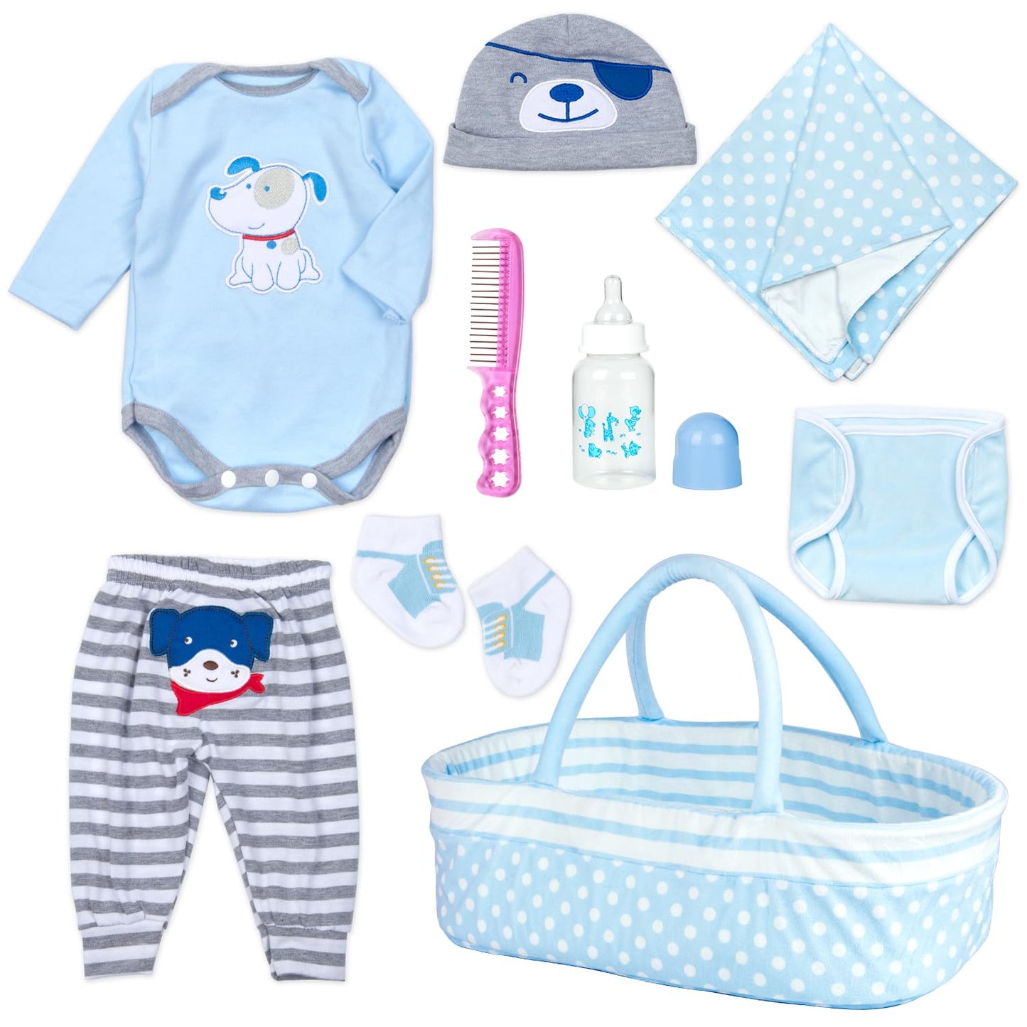 Babyfere 9-Piece Blue Dog Doll Clothes Set for 17-22 Inch Reborn Dolls – Basket, Blanket & Accessories