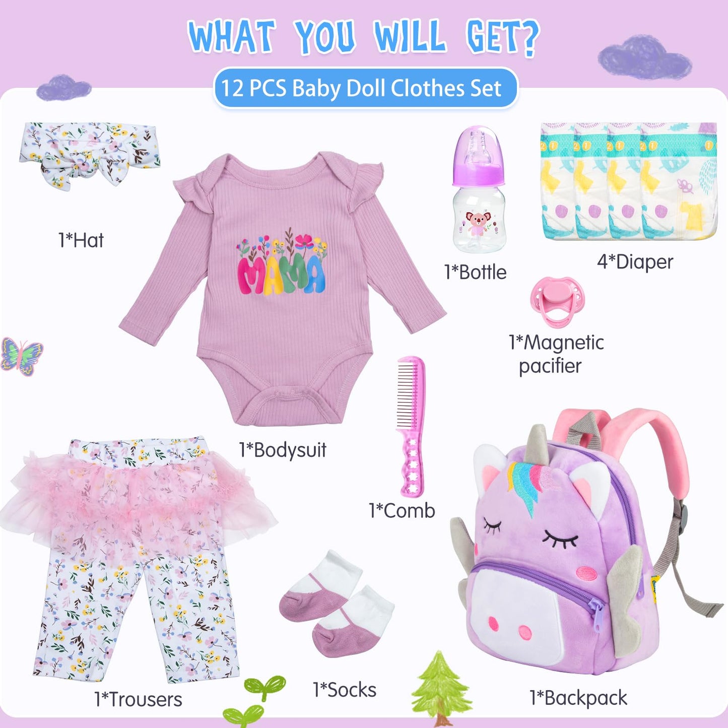 Babyfere 12 Pcs Reborn Doll Clothes Set with Purple Unicorn Backpack for 20-22 Inch Dolls