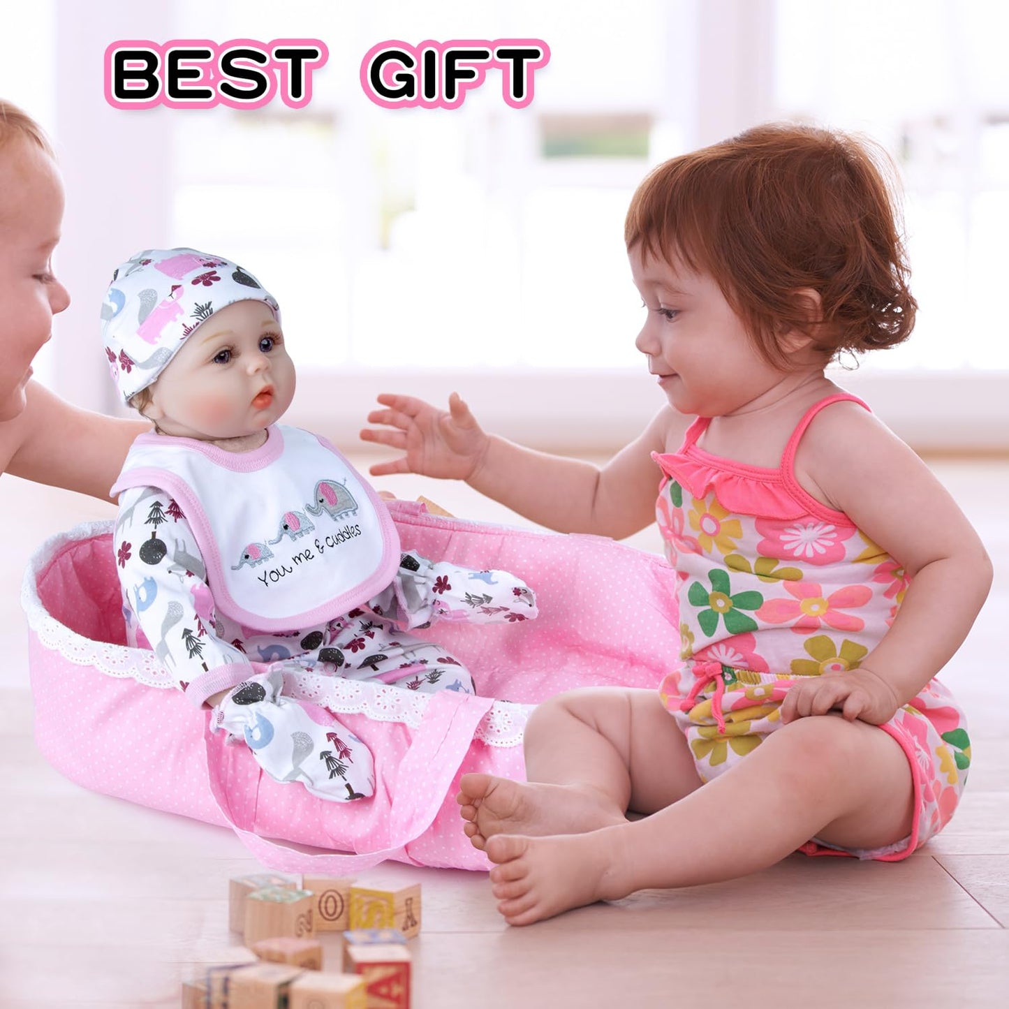 Babyfere 13PCS Reborn Doll Clothes Set for 18-22 Inch Dolls – Pink Elephant Bassinet & Accessories