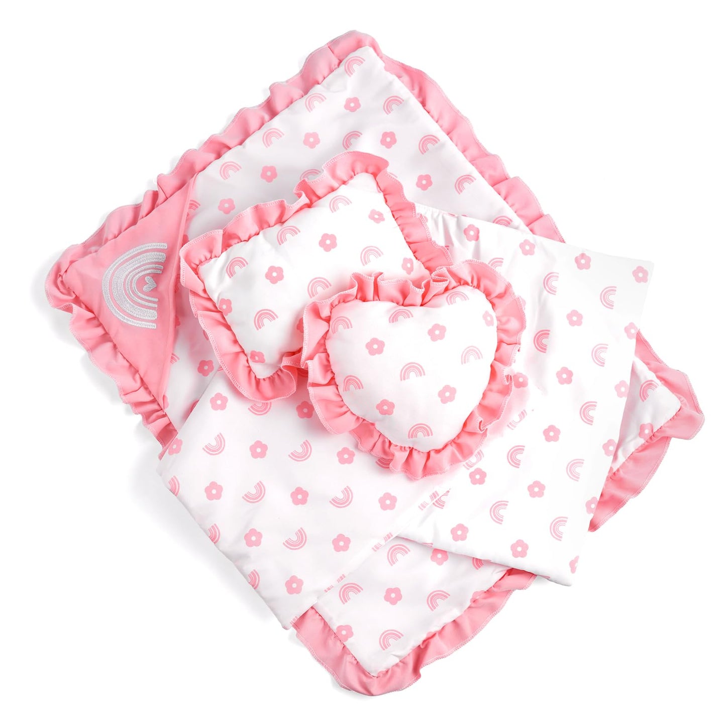 BABESIDE 4 Pcs Baby Doll Bedding Set for 17-22 Inch Dolls | Pink Flower & Rainbow Patterns