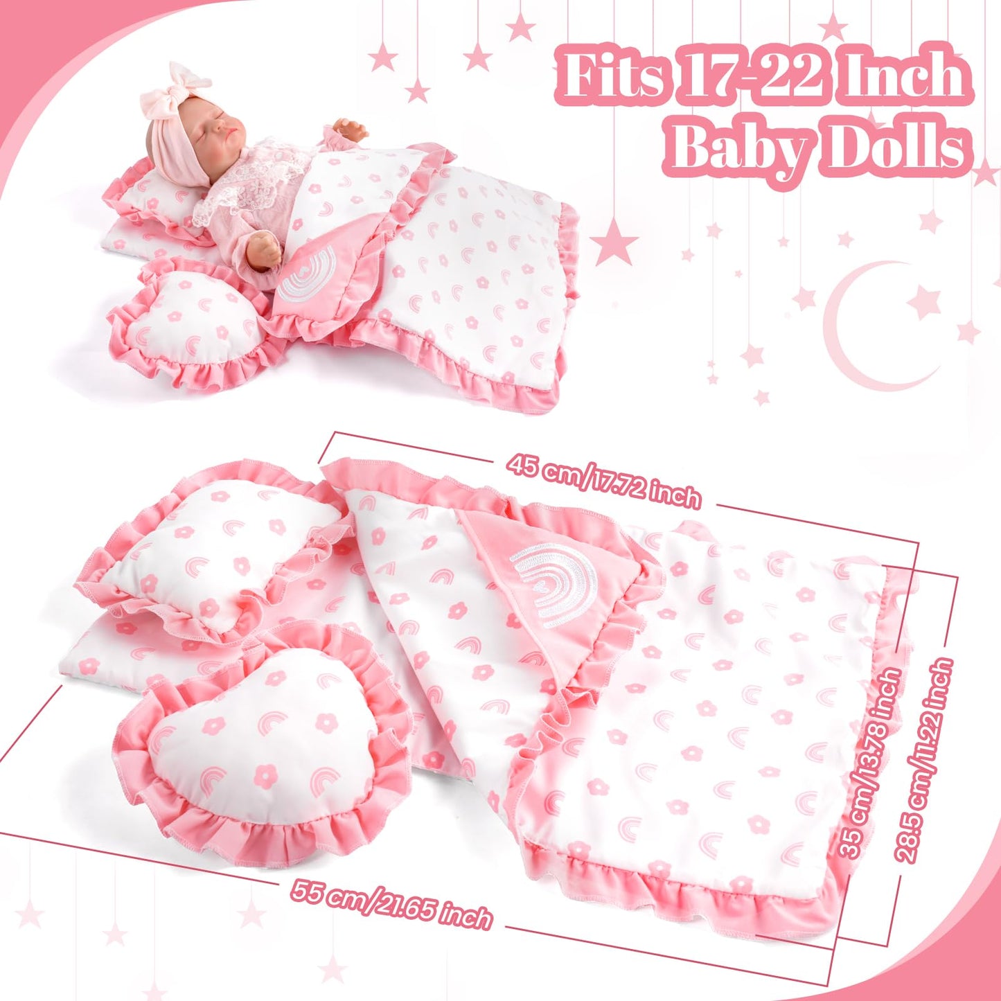 BABESIDE 4 Pcs Baby Doll Bedding Set for 17-22 Inch Dolls | Pink Flower & Rainbow Patterns