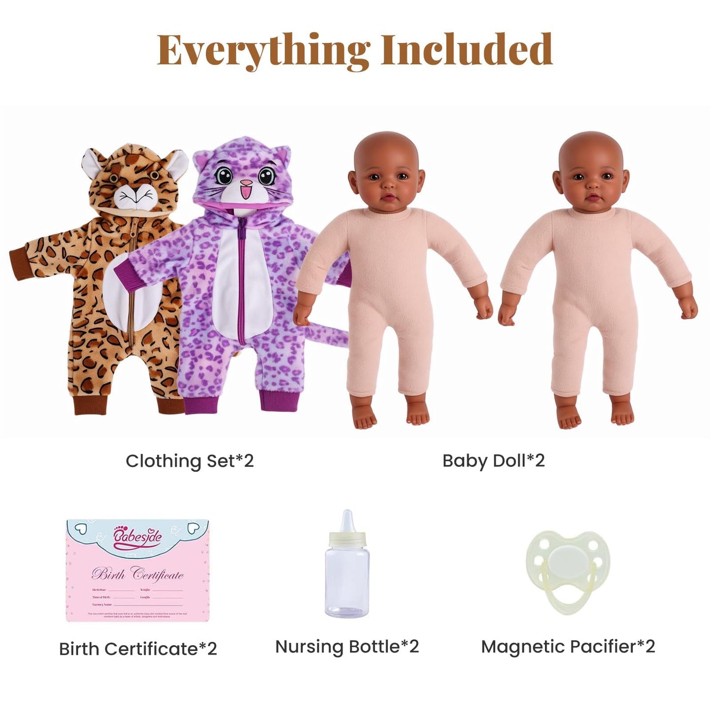 BABESIDE Twin Baby Dolls (17-inch) – Realistic Soft Cloth Body with Brown Eyes for 3+ Years