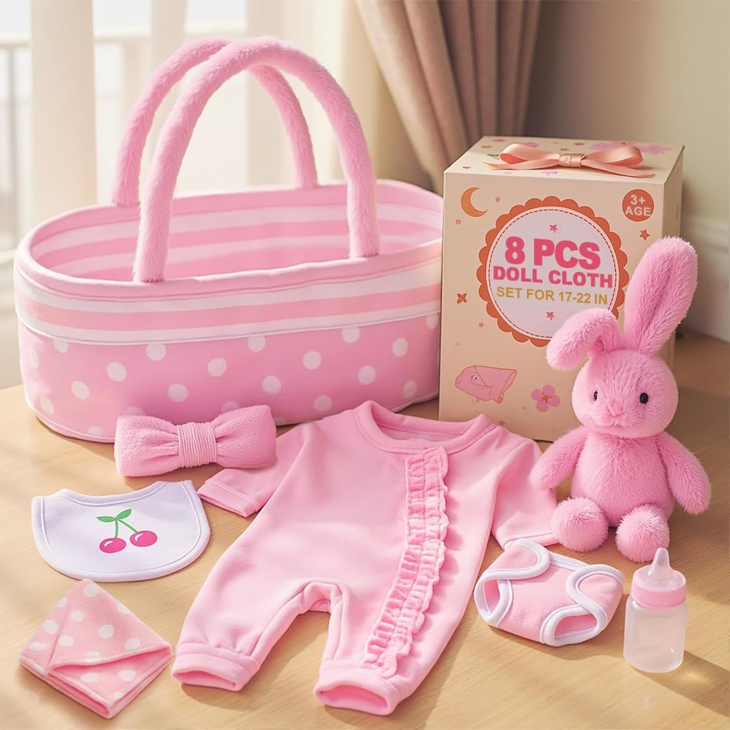 BABESIDE 8 Pcs Baby Doll Accessories Set for 17-22 Inch Dolls | Bassinet & Outfit Kit