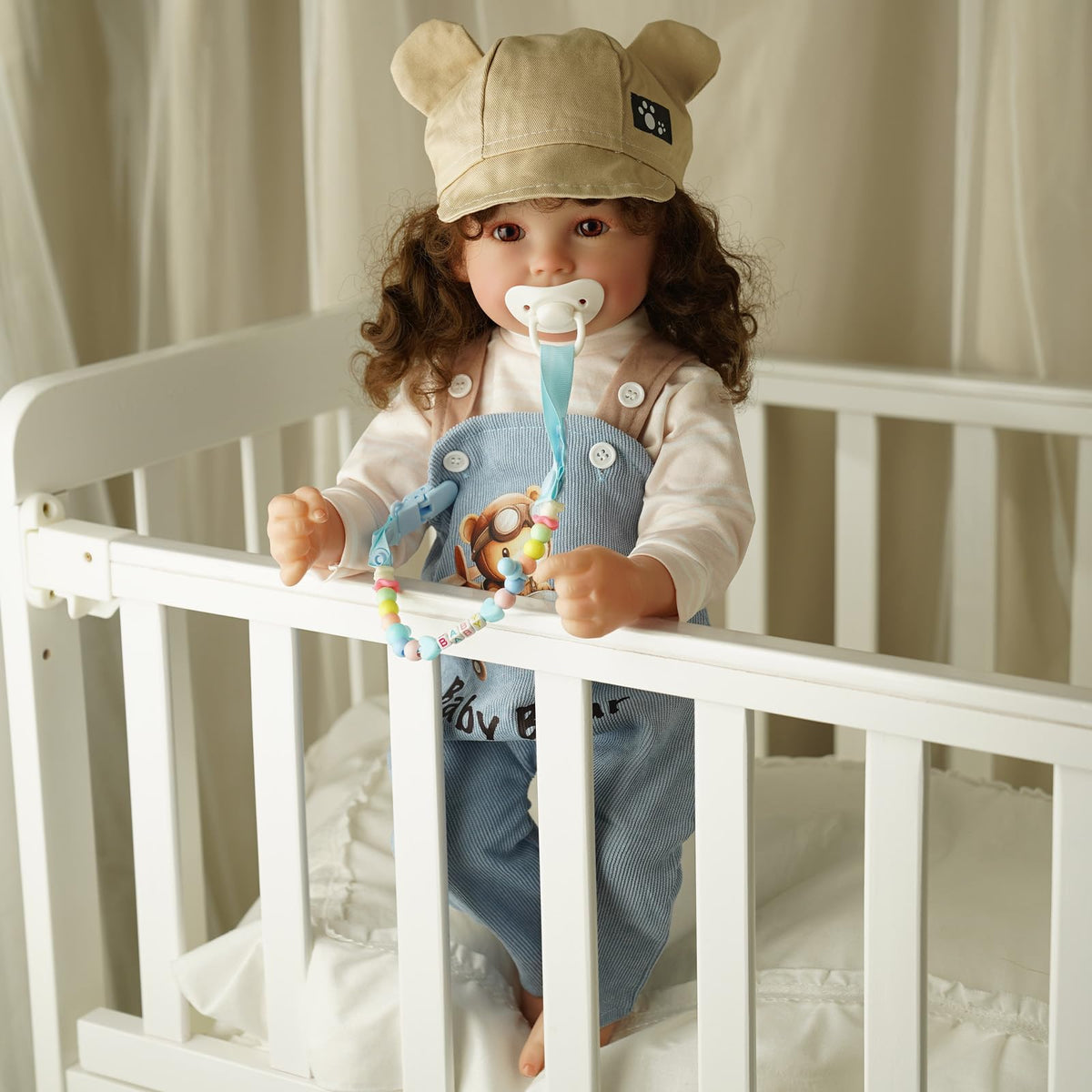 BABESIDE 4 Pcs Reborn Doll Clothes Set for 17-22 Inch Dolls - Blue Overalls, Hat & Pacifier Clip