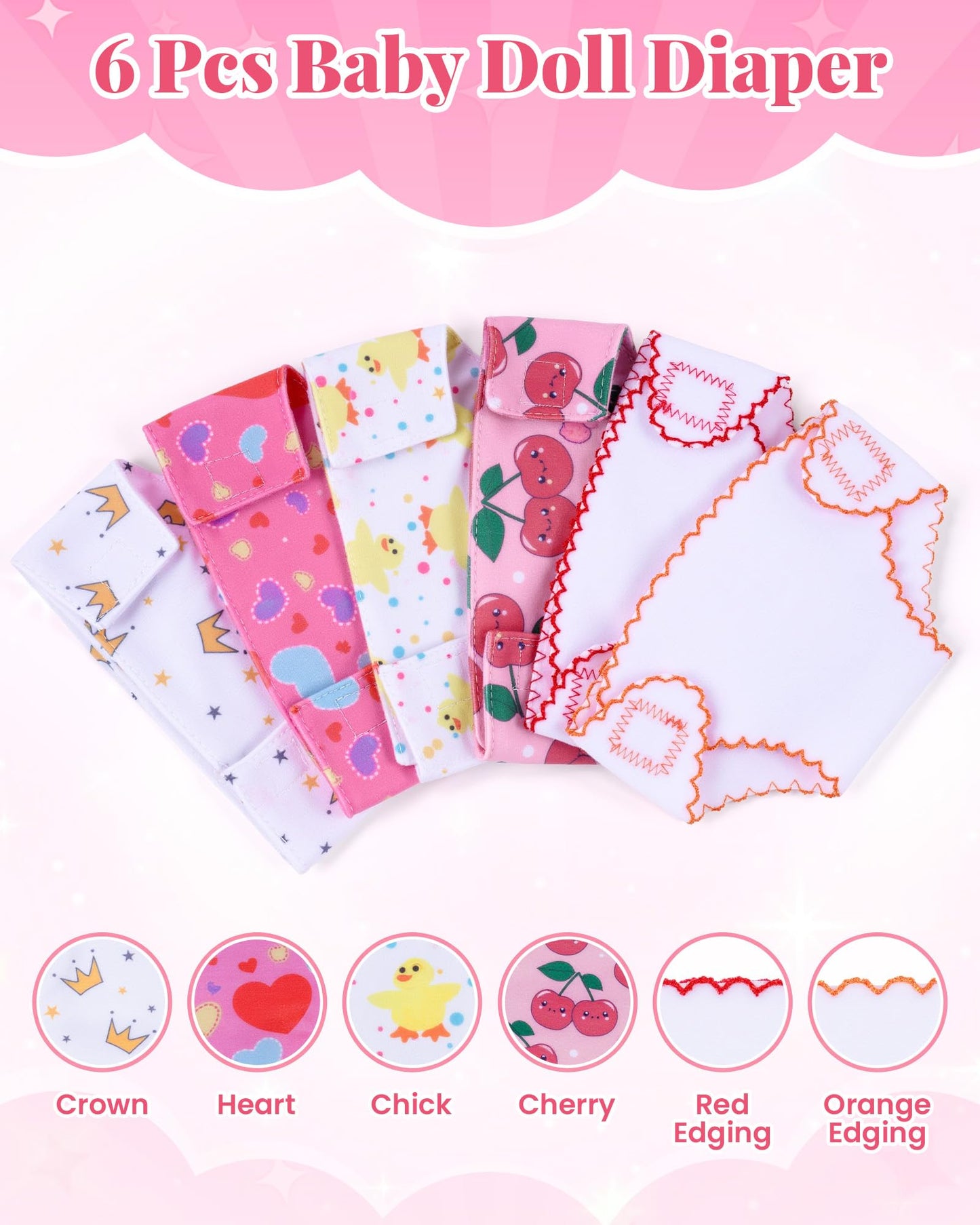 BABESIDE 6 Pcs Patterned Doll Diapers for 12-15 Inch Dolls | Reusable & Washable