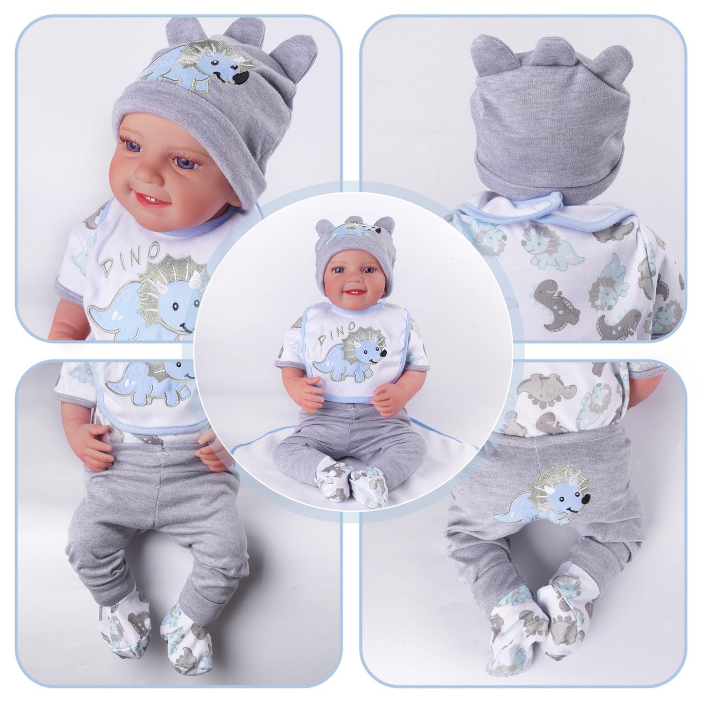 BABESIDE 6 Pcs Reborn Doll Clothes Set for 17-22 Inch Dolls – Dinosaurs Pattern with Hat, Bib & Socks