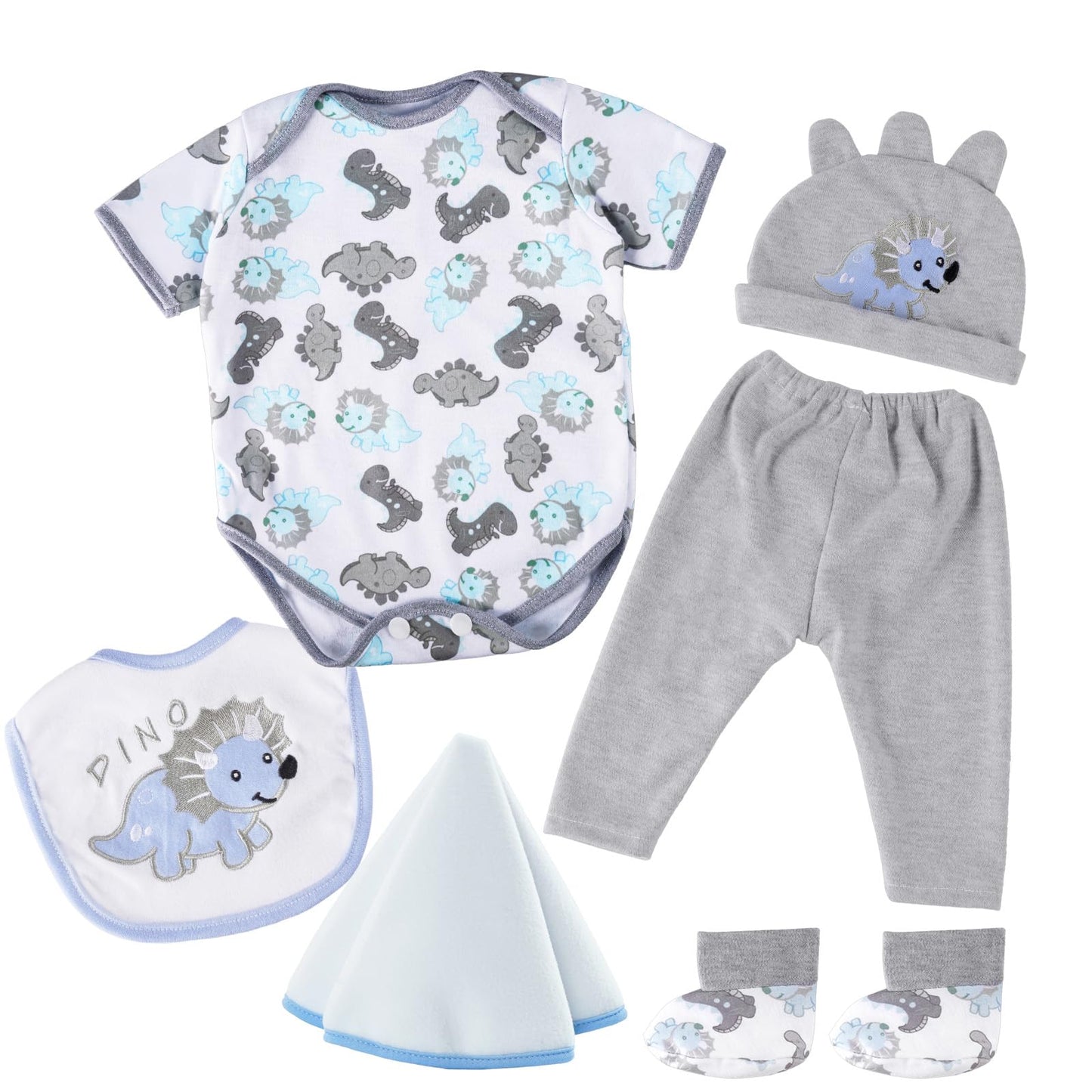BABESIDE 6 Pcs Reborn Doll Clothes Set for 17-22 Inch Dolls – Dinosaurs Pattern with Hat, Bib & Socks