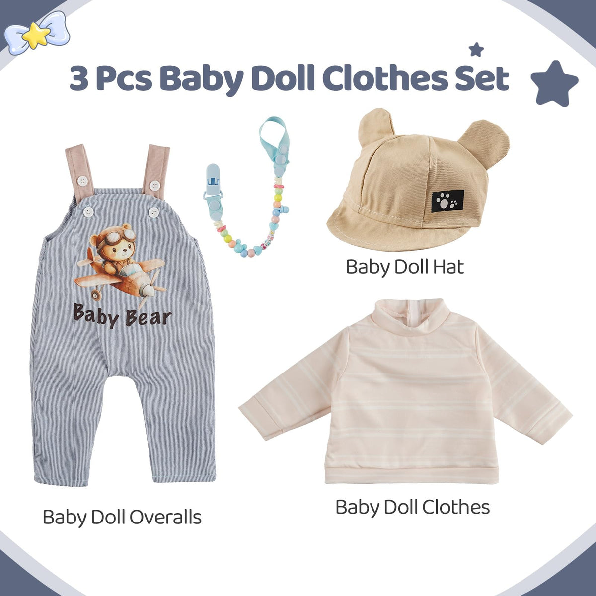 BABESIDE 4 Pcs Reborn Doll Clothes Set for 17-22 Inch Dolls - Blue Overalls, Hat & Pacifier Clip
