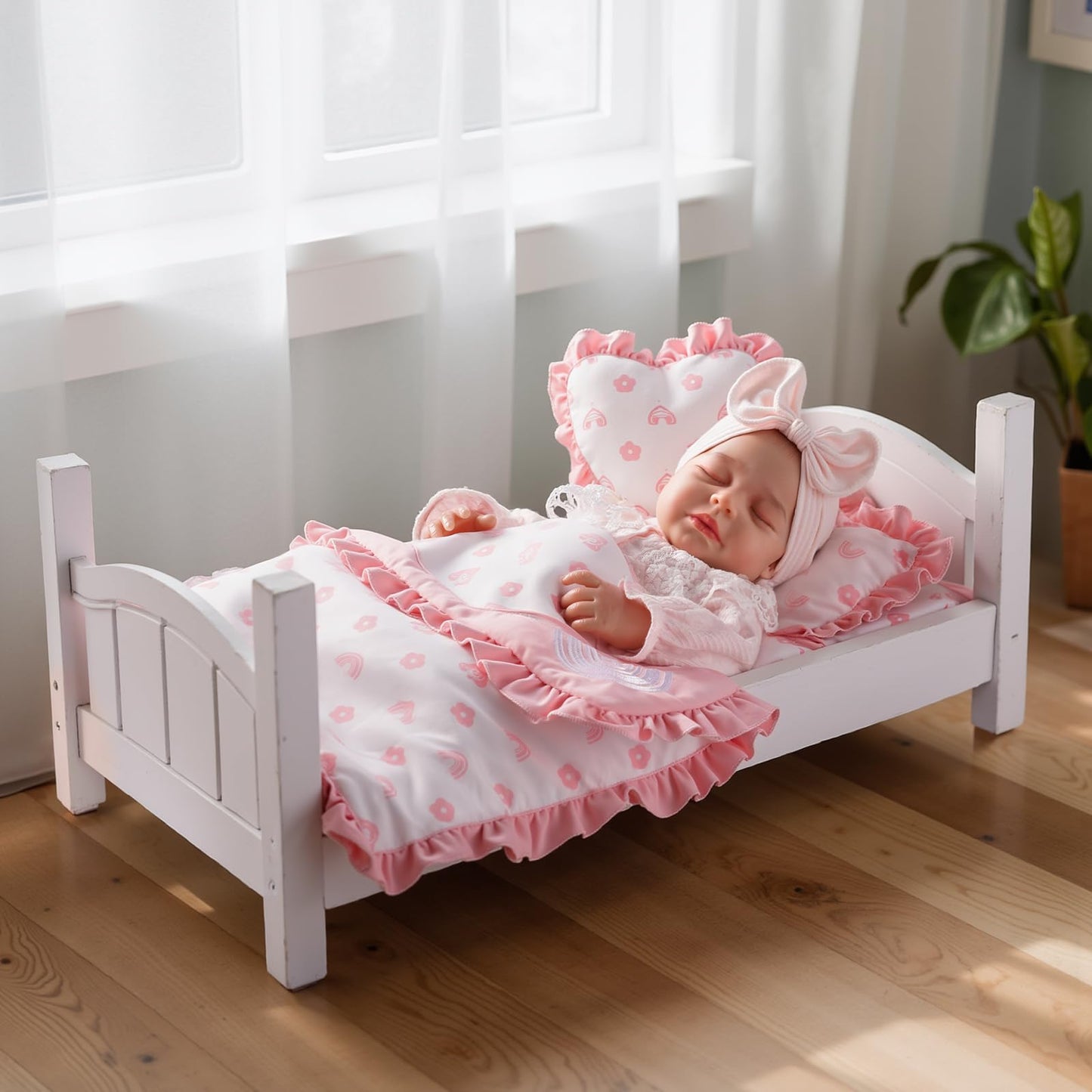 BABESIDE 4 Pcs Baby Doll Bedding Set for 17-22 Inch Dolls | Pink Flower & Rainbow Patterns