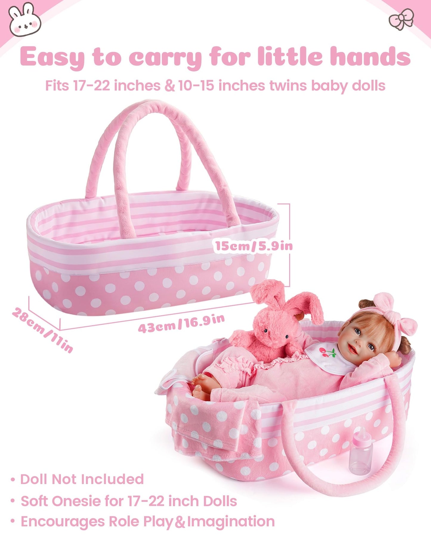 BABESIDE 8 Pcs Baby Doll Accessories Set for 17-22 Inch Dolls | Bassinet & Outfit Kit