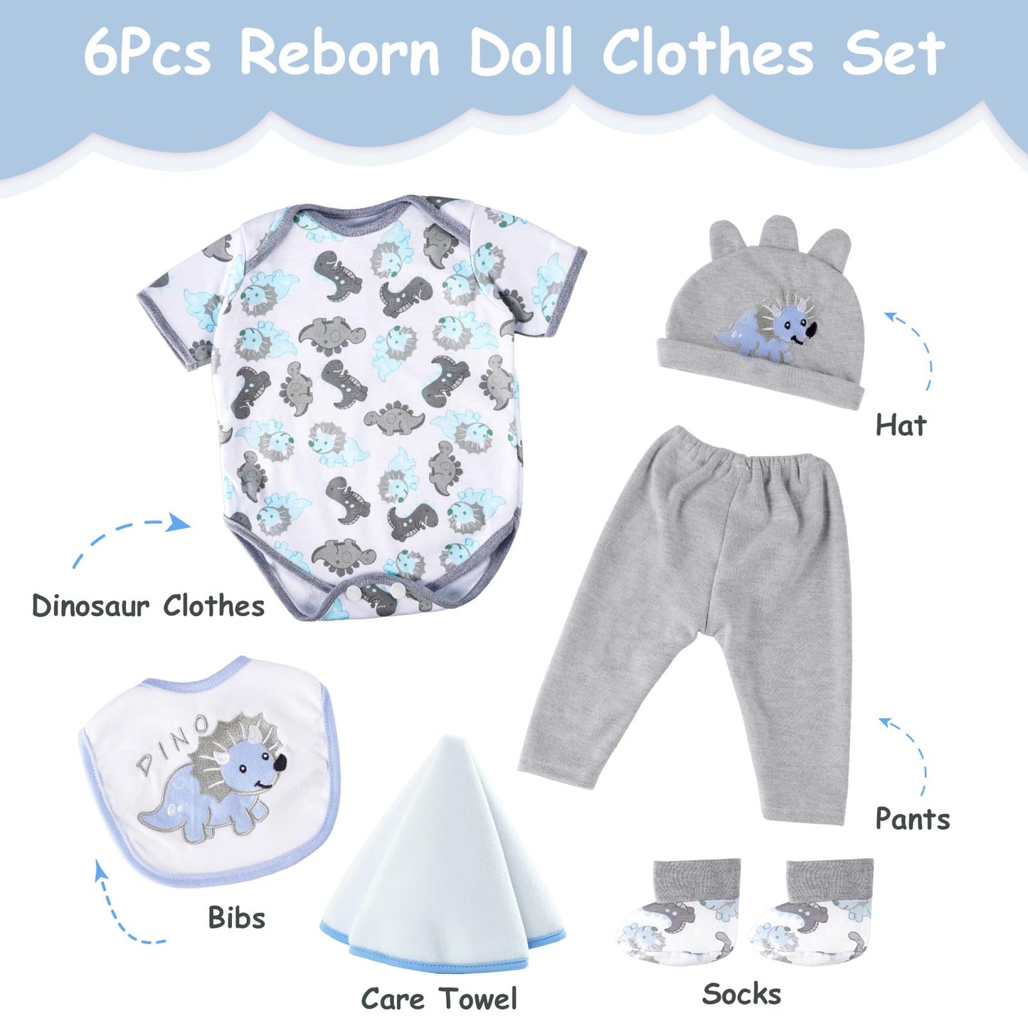 BABESIDE 6 Pcs Reborn Doll Clothes Set for 17-22 Inch Dolls – Dinosaurs Pattern with Hat, Bib & Socks