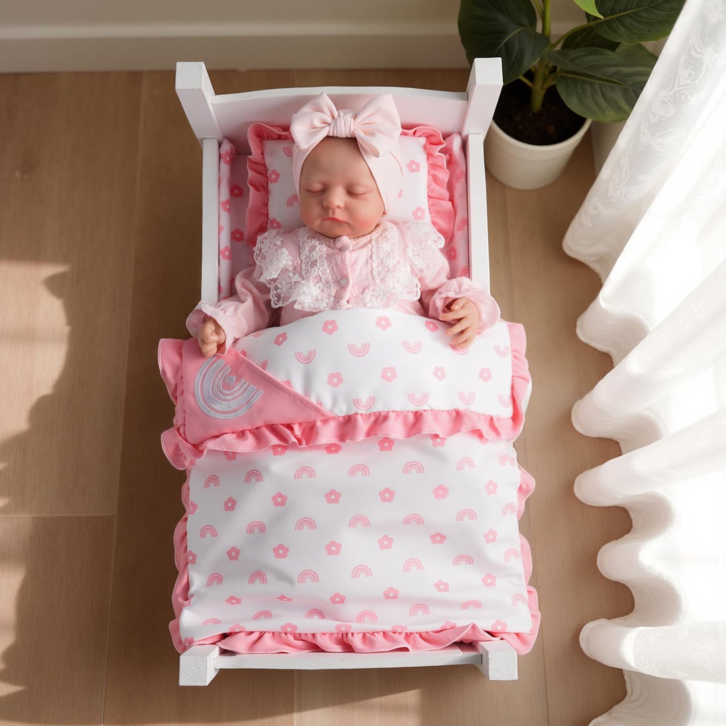 BABESIDE 4 Pcs Baby Doll Bedding Set for 17-22 Inch Dolls | Pink Flower & Rainbow Patterns