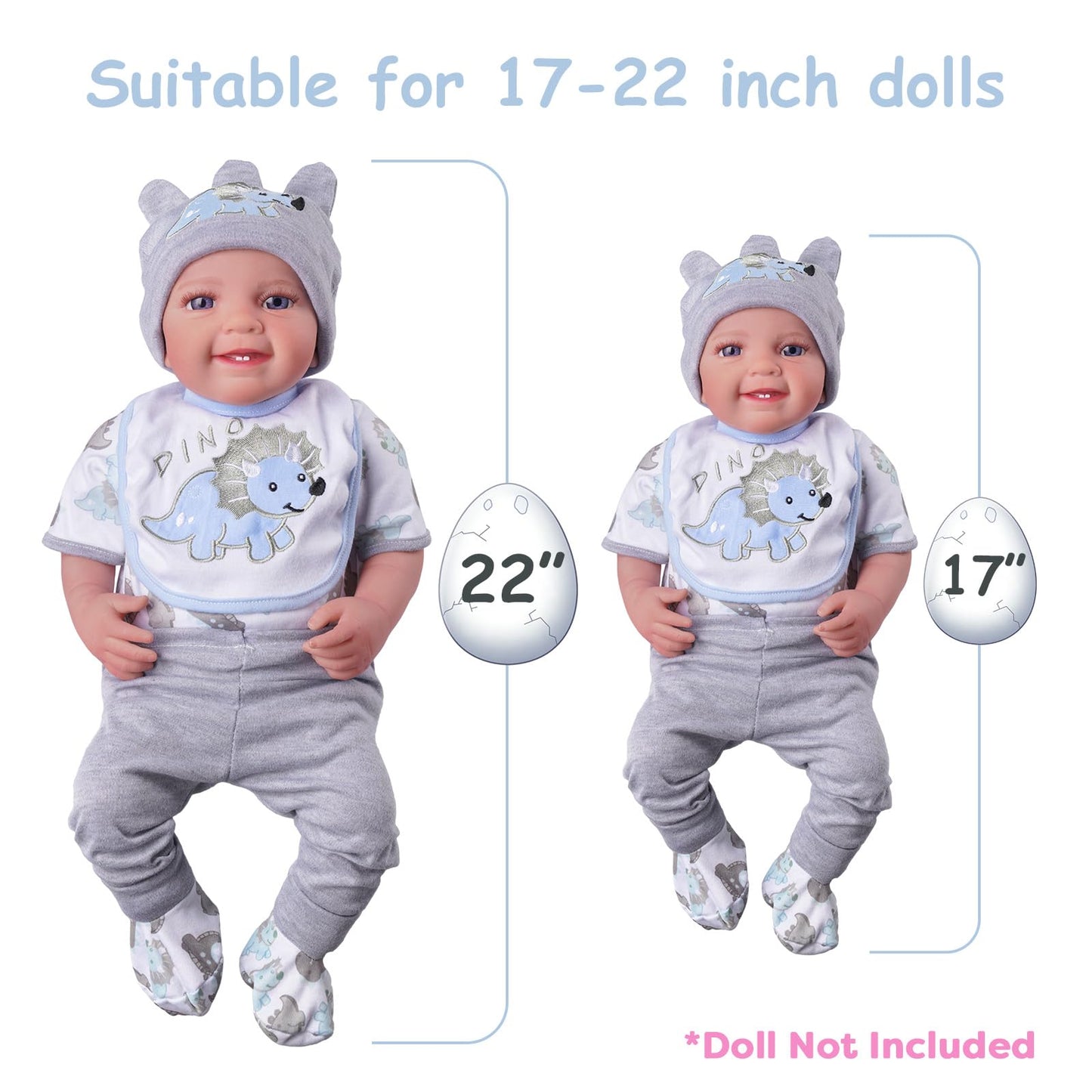 BABESIDE 6 Pcs Reborn Doll Clothes Set for 17-22 Inch Dolls – Dinosaurs Pattern with Hat, Bib & Socks