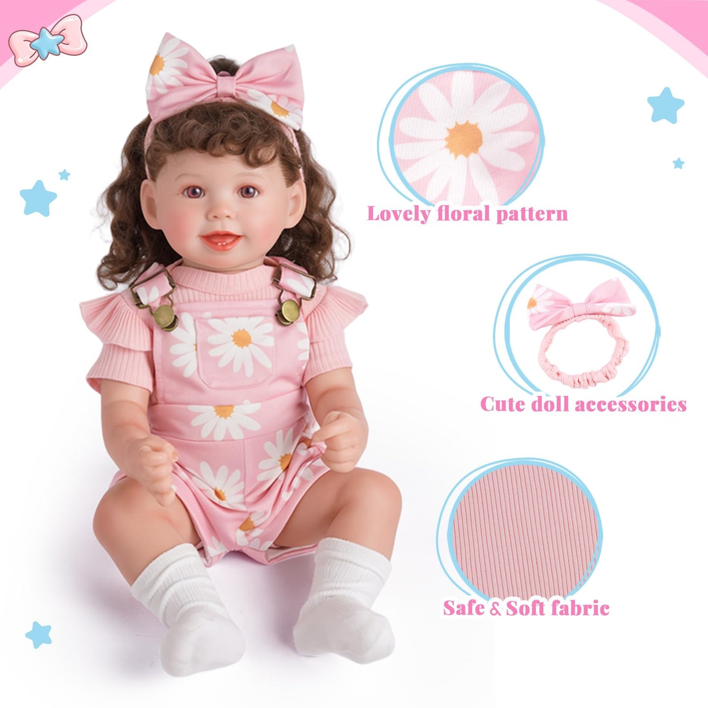 BABESIDE 4 Pcs Reborn Baby Doll Clothes Set for 17–22 Inch Dolls | Pink Floral Overalls & Accessories