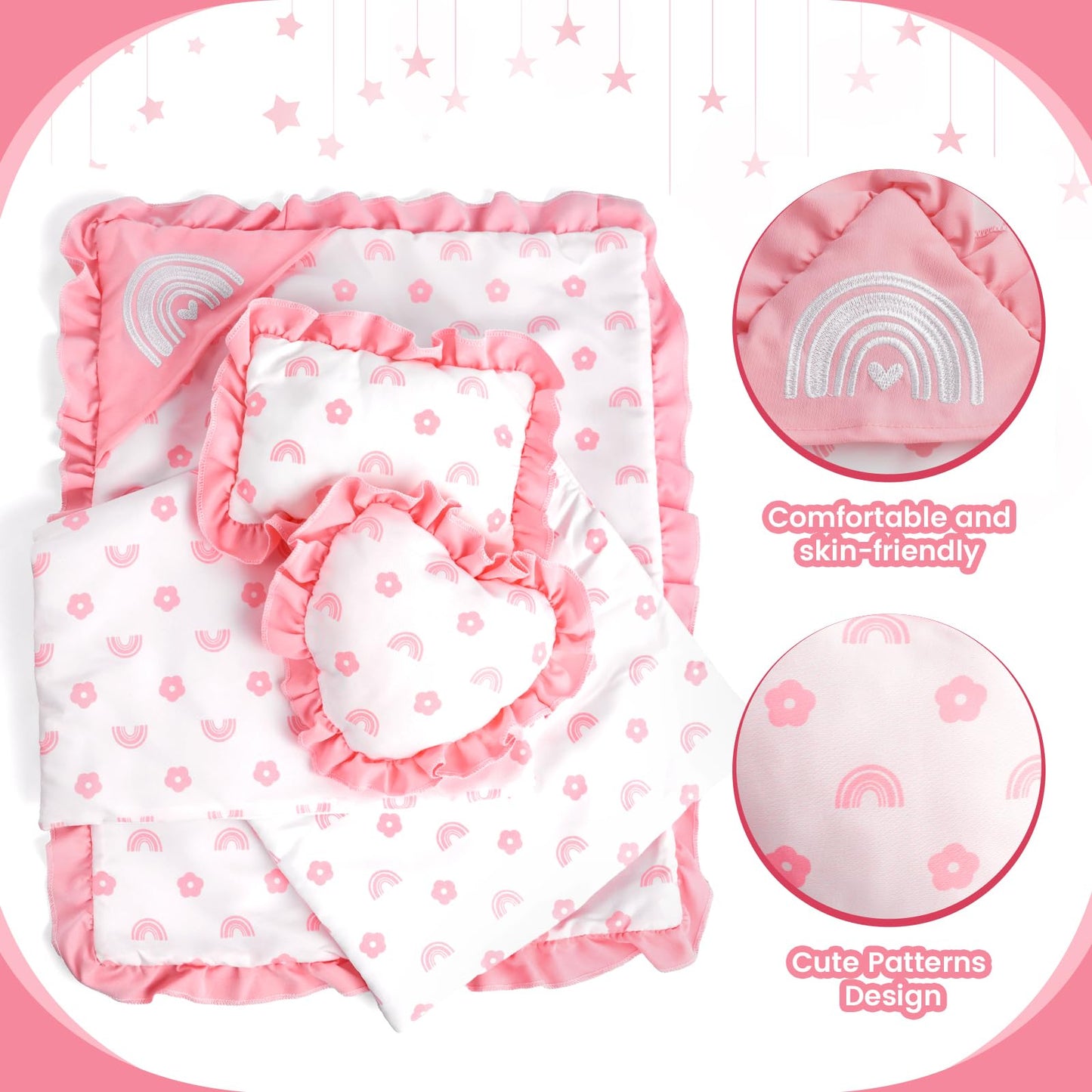 BABESIDE 4 Pcs Baby Doll Bedding Set for 17-22 Inch Dolls | Pink Flower & Rainbow Patterns