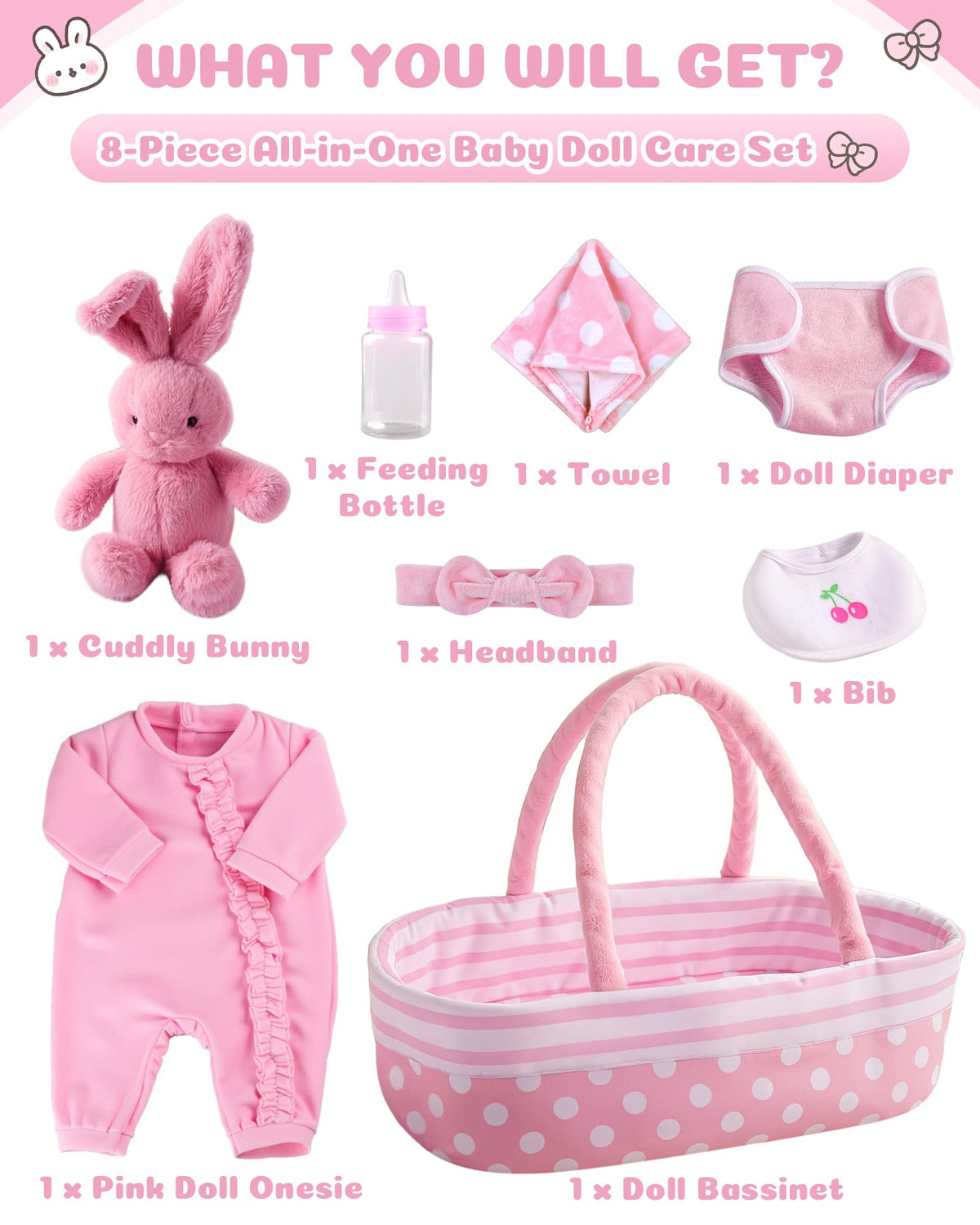 BABESIDE 8 Pcs Baby Doll Accessories Set for 17-22 Inch Dolls | Bassinet & Outfit Kit