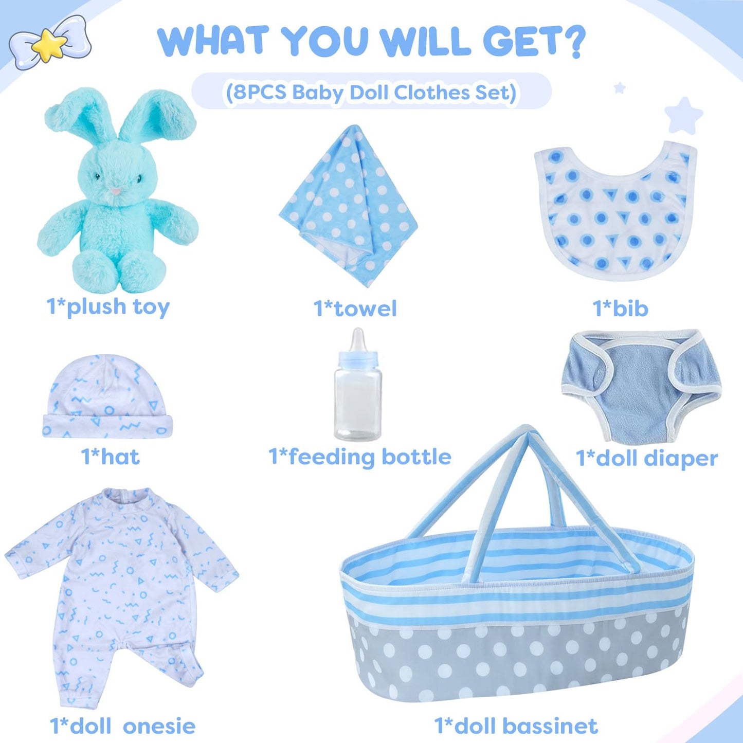 BABESIDE 8-Piece Reborn Doll Accessories Set with Bassinet for 17–22 Inch Dolls