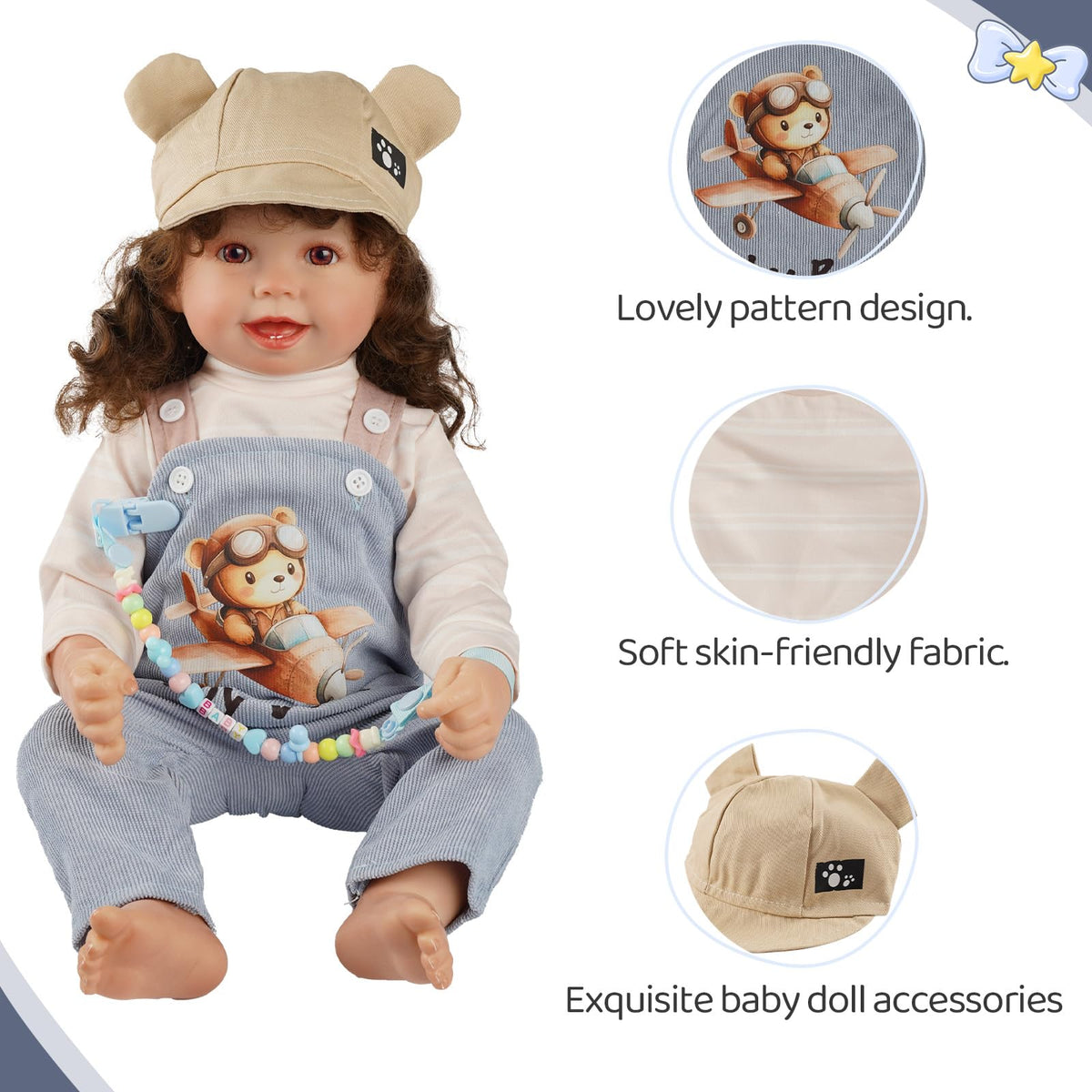 BABESIDE 4 Pcs Reborn Doll Clothes Set for 17-22 Inch Dolls - Blue Overalls, Hat & Pacifier Clip