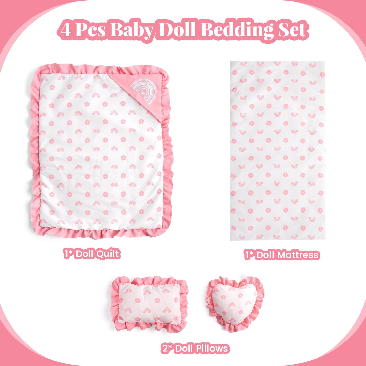 BABESIDE 4 Pcs Baby Doll Bedding Set for 17-22 Inch Dolls | Pink Flower & Rainbow Patterns