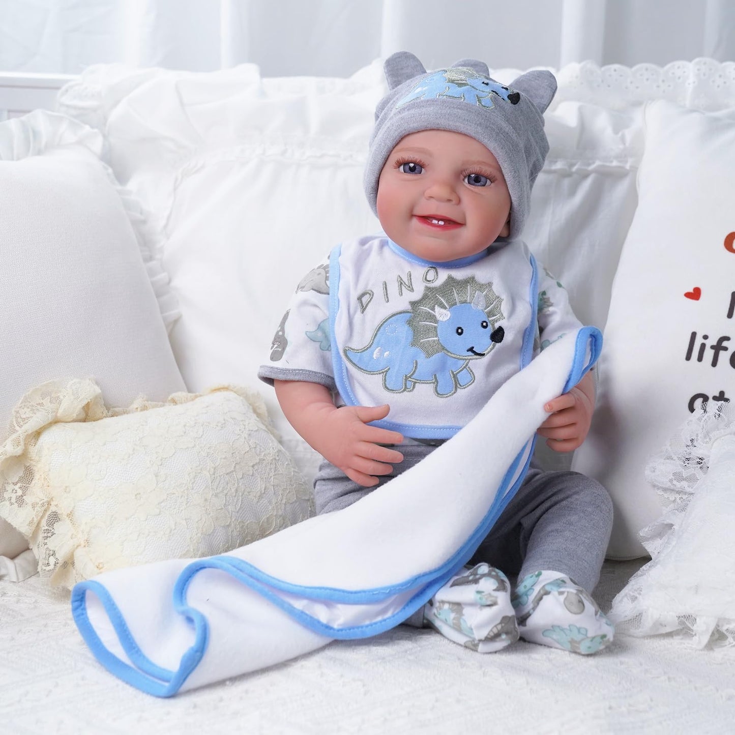 BABESIDE 6 Pcs Reborn Doll Clothes Set for 17-22 Inch Dolls – Dinosaurs Pattern with Hat, Bib & Socks