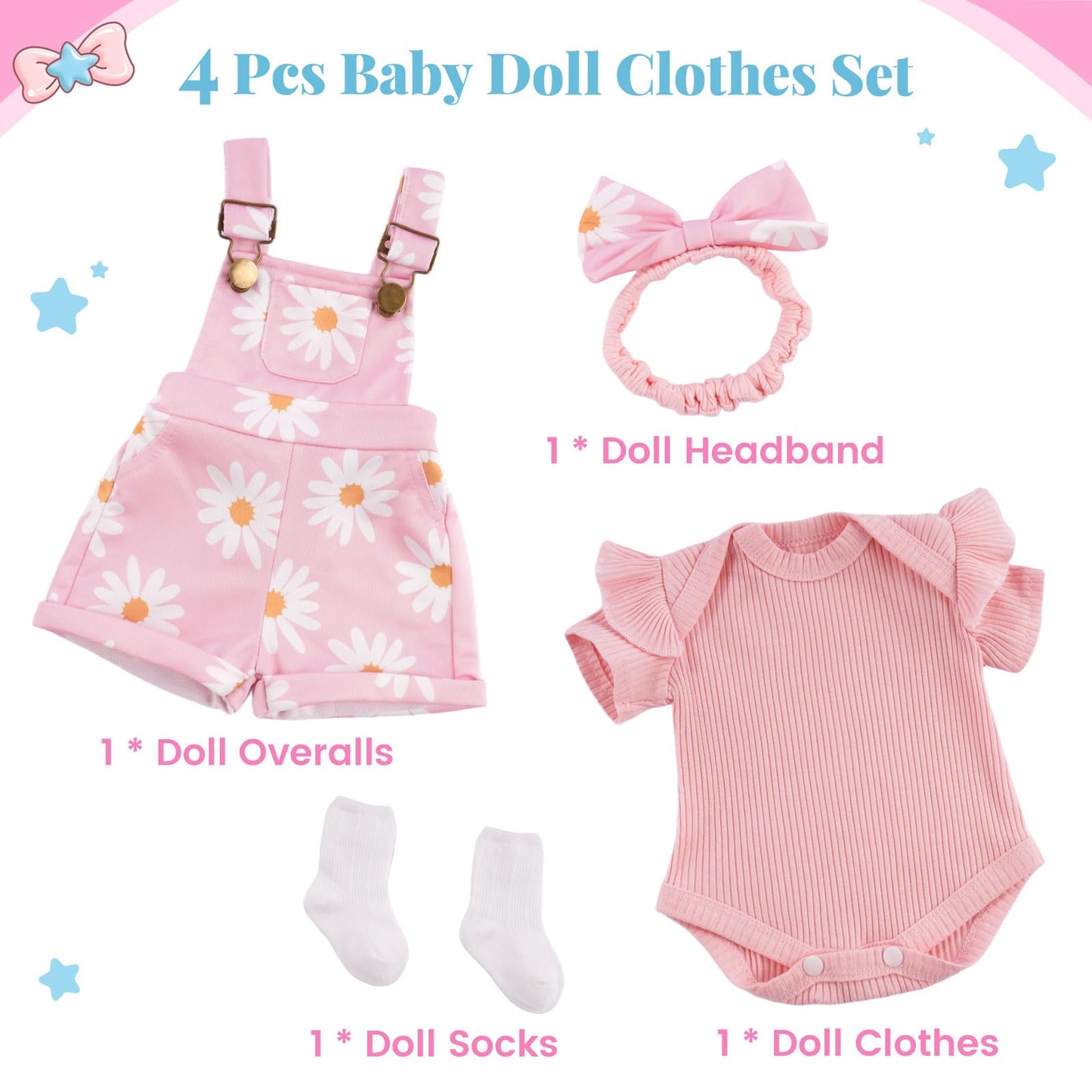 BABESIDE 4 Pcs Reborn Baby Doll Clothes Set for 17–22 Inch Dolls | Pink Floral Overalls & Accessories