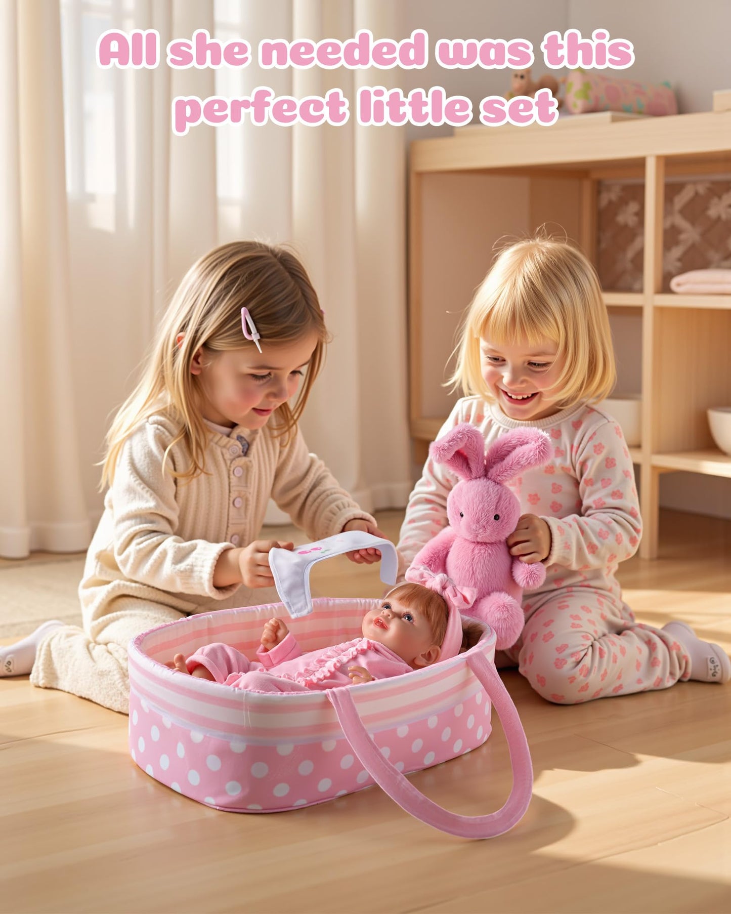 BABESIDE 8 Pcs Baby Doll Accessories Set for 17-22 Inch Dolls | Bassinet & Outfit Kit