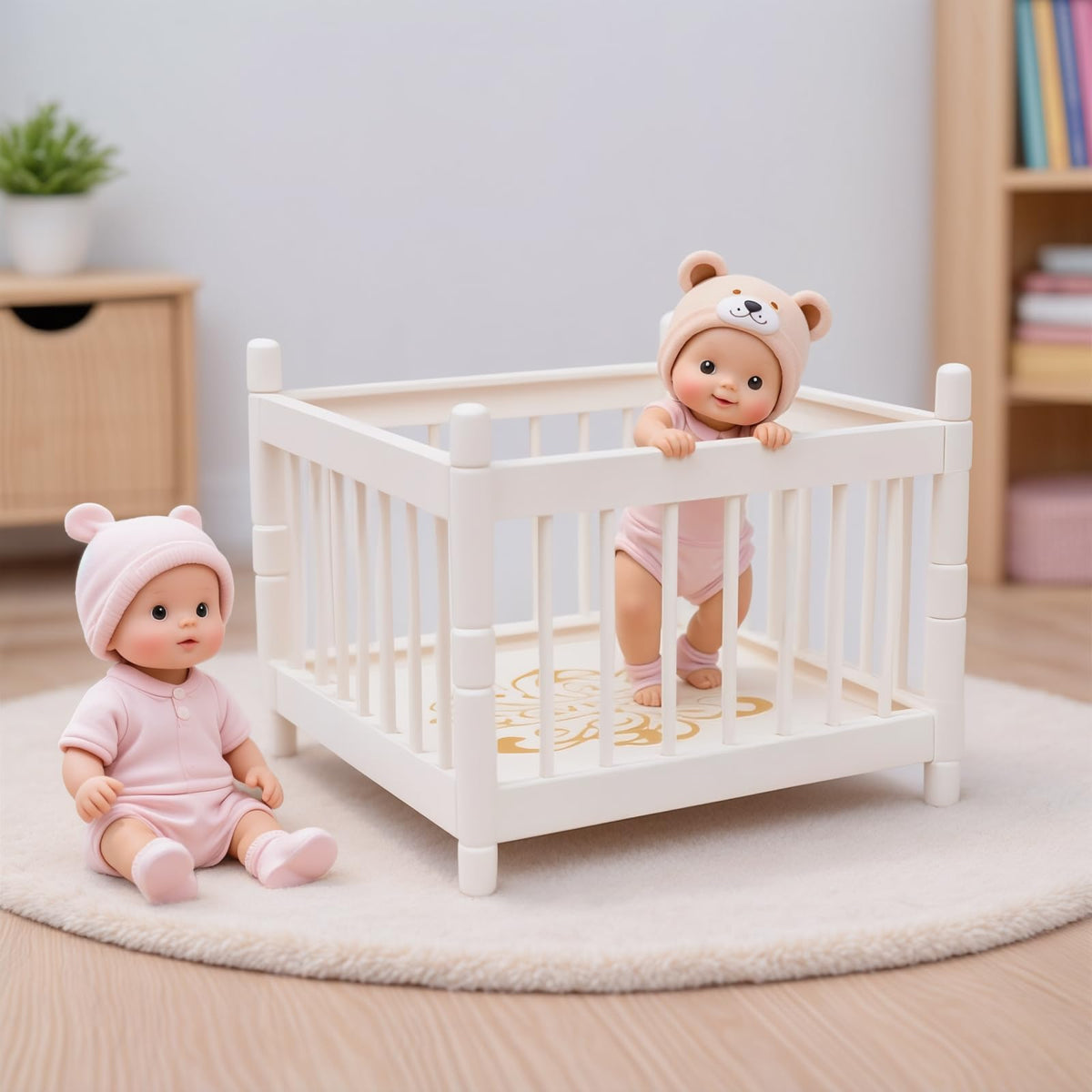 BABESIDE 3-Inch Baby Doll Playpen & Crib – Miniature Nursery Set for Dollhouse