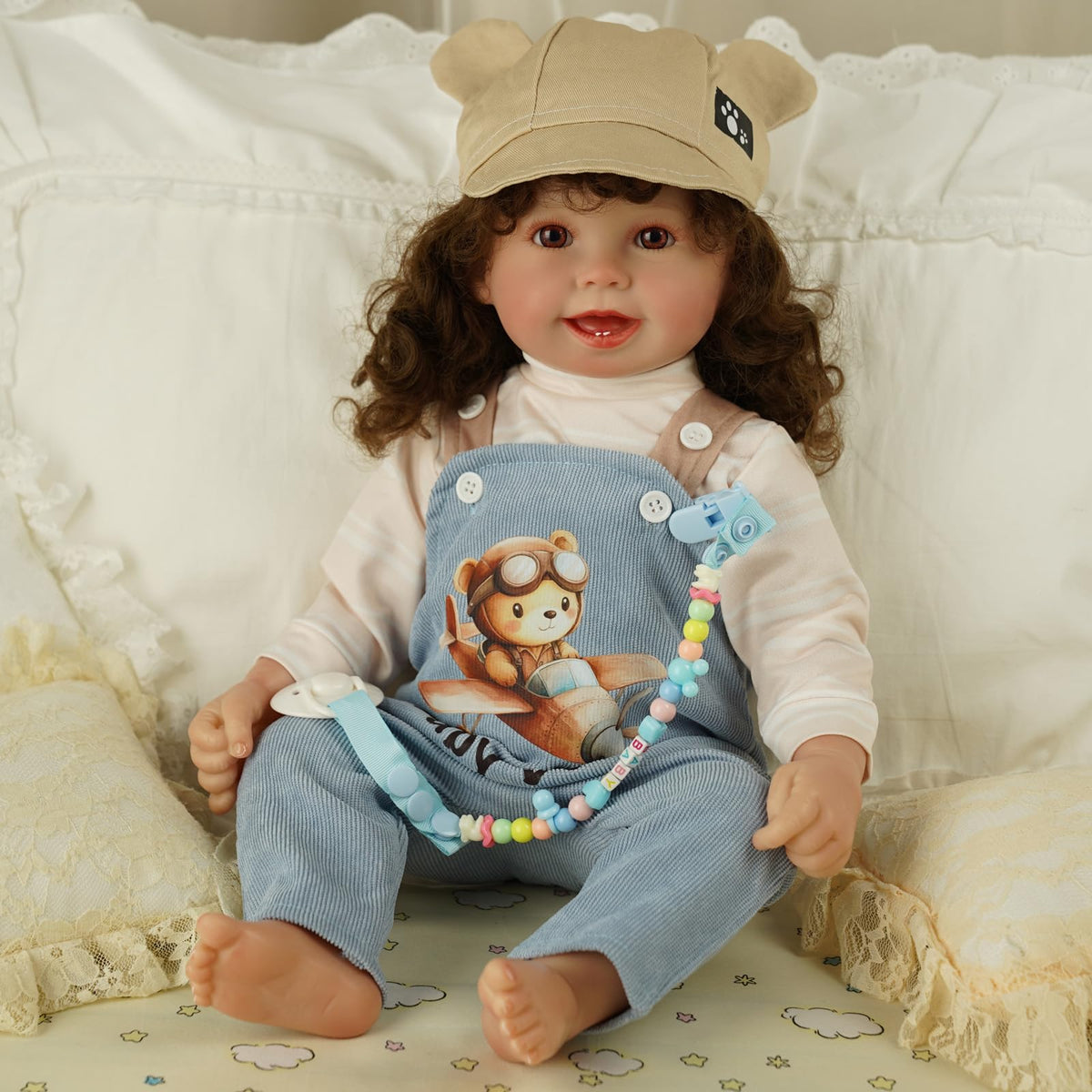 BABESIDE 4 Pcs Reborn Doll Clothes Set for 17-22 Inch Dolls - Blue Overalls, Hat & Pacifier Clip