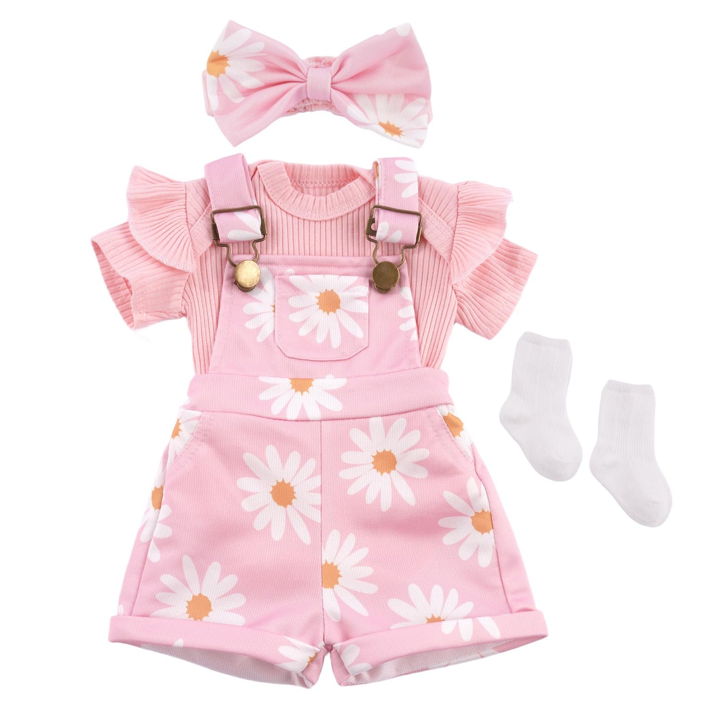 BABESIDE 4 Pcs Reborn Baby Doll Clothes Set for 17–22 Inch Dolls | Pink Floral Overalls & Accessories