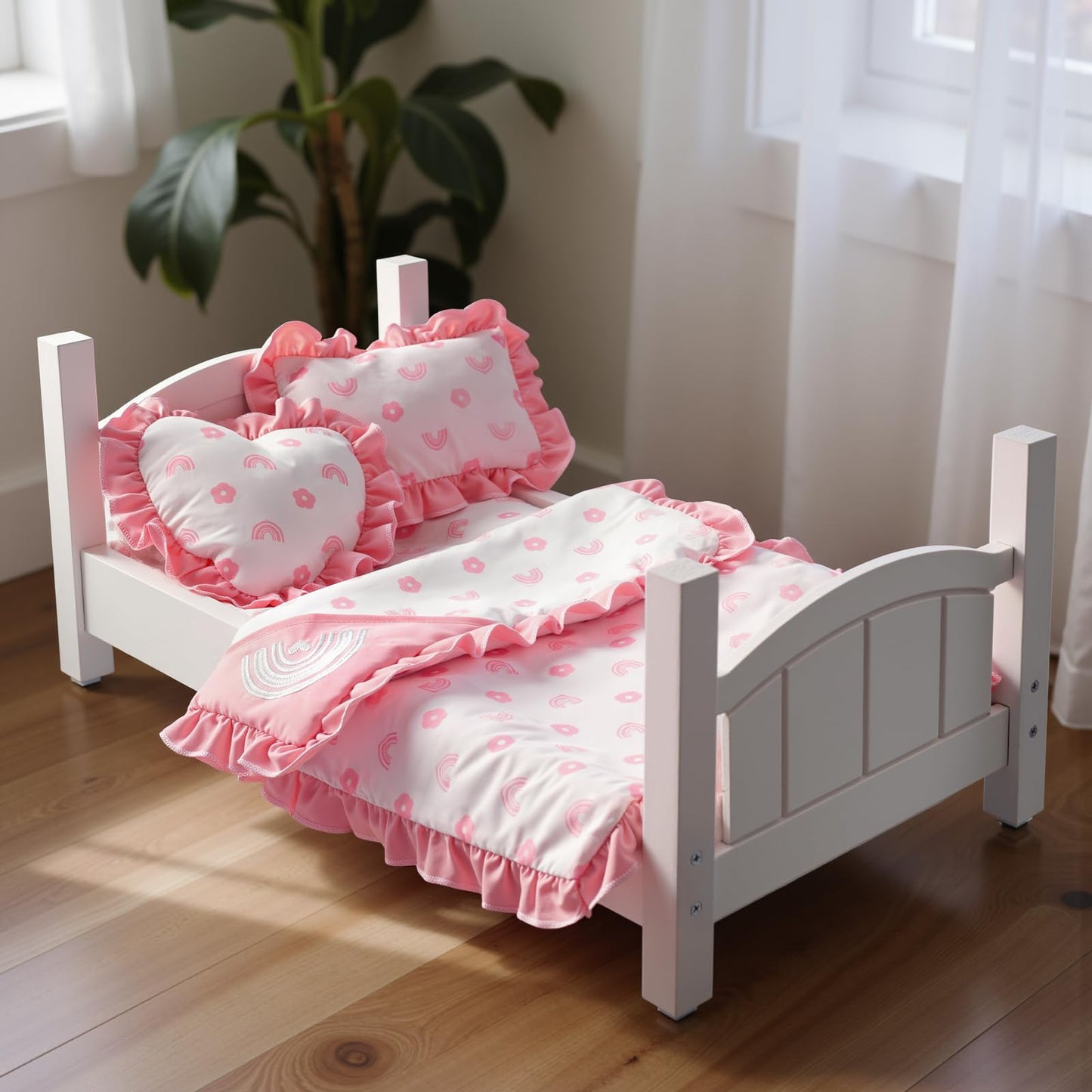 BABESIDE 4 Pcs Baby Doll Bedding Set for 17-22 Inch Dolls | Pink Flower & Rainbow Patterns