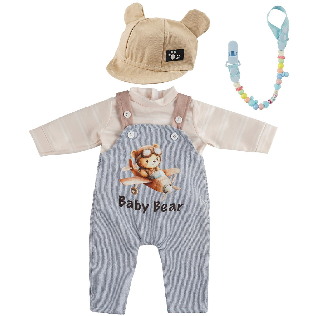 BABESIDE 4 Pcs Reborn Doll Clothes Set for 17-22 Inch Dolls - Blue Overalls, Hat & Pacifier Clip
