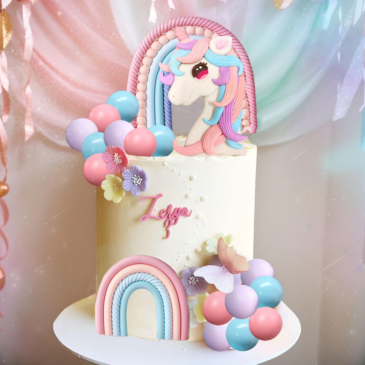BACH AND BOOZY Pony Unicorn Cake Decoration - Rainbow Topper for Birthday Cakes