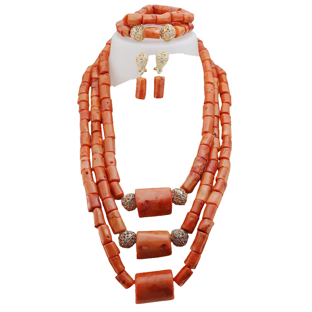 Double Layered Original Coral Nigerian Wedding Beads Jewellery Women Coral Costume Necklace Set