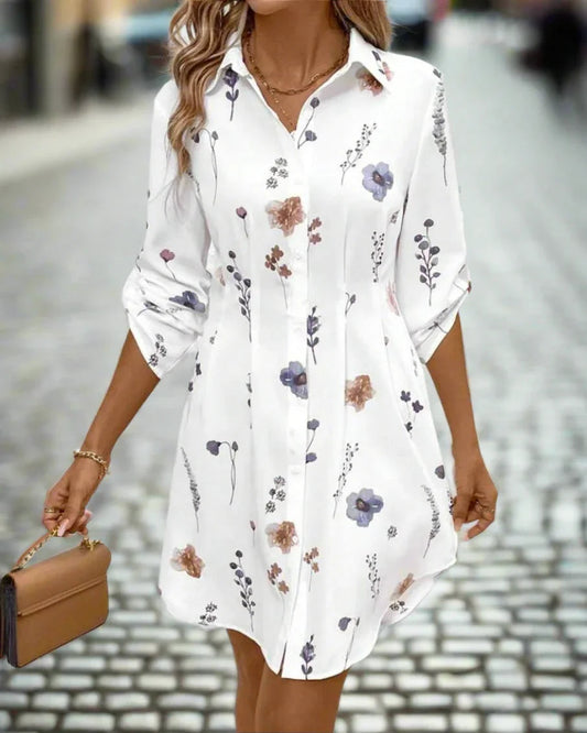 Chic Floral Print Lapel Shirt Dress – Long Sleeve Elegant Commuter Style
