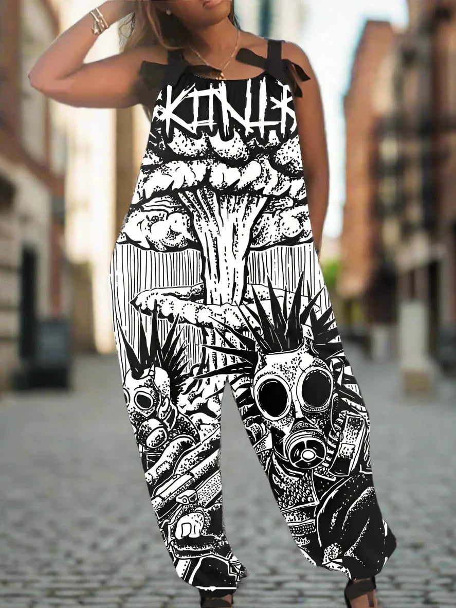 2.Women’s Gothic Skull Print Wide-Leg Jumpsuit – Punk Halloween Streetwear Rompers | High-Waist Full-Length Overalls for Spring, Summer & Autumn