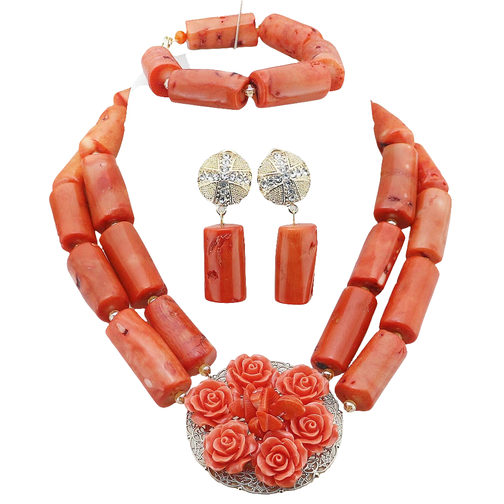 Double Layered Original Coral Nigerian Wedding Beads Jewellery Women Coral Costume Necklace Set