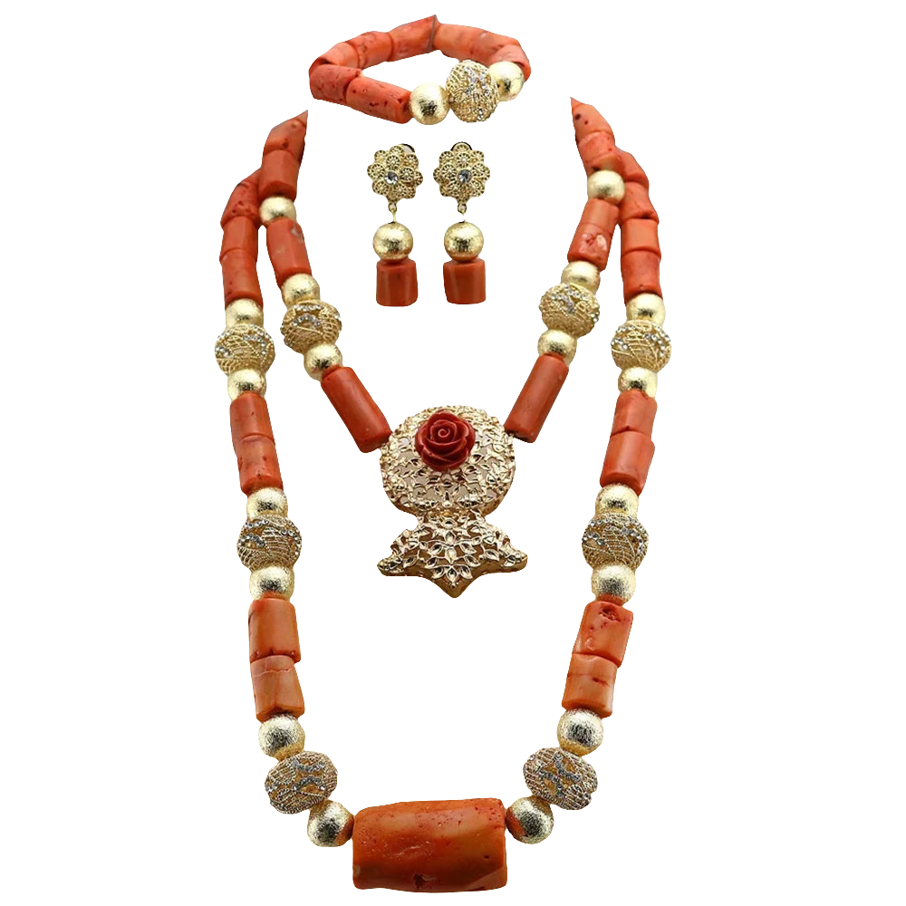 Double Layered Original Coral Nigerian Wedding Beads Jewellery Women Coral Costume Necklace Set