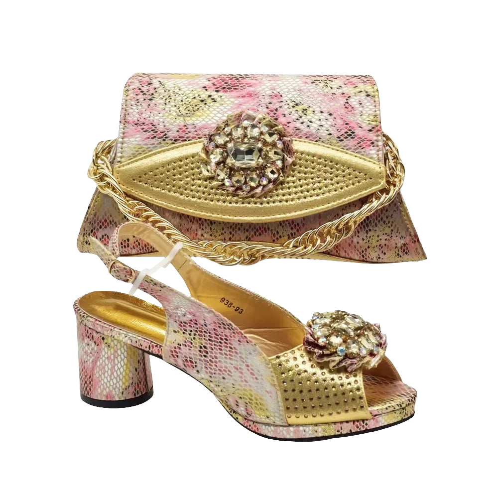 Italian Shoes and Bags Matching Set Decorated with Rhinestone