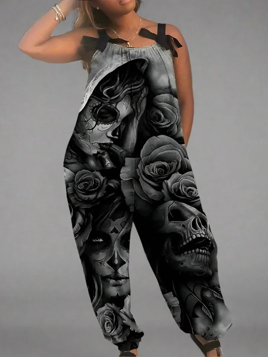 1.Women’s Gothic Skull Print Wide-Leg Jumpsuit – Punk Halloween Streetwear Rompers | High-Waist Full-Length Overalls for Spring, Summer & Autumn