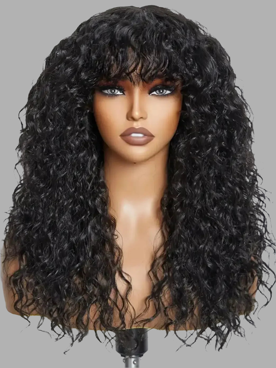 100% Human Hair Wigs with Bang Full Wig Brown Black Highlight Water Wave Machine Made Non Lace Wig with Fringe Bobbi Wig