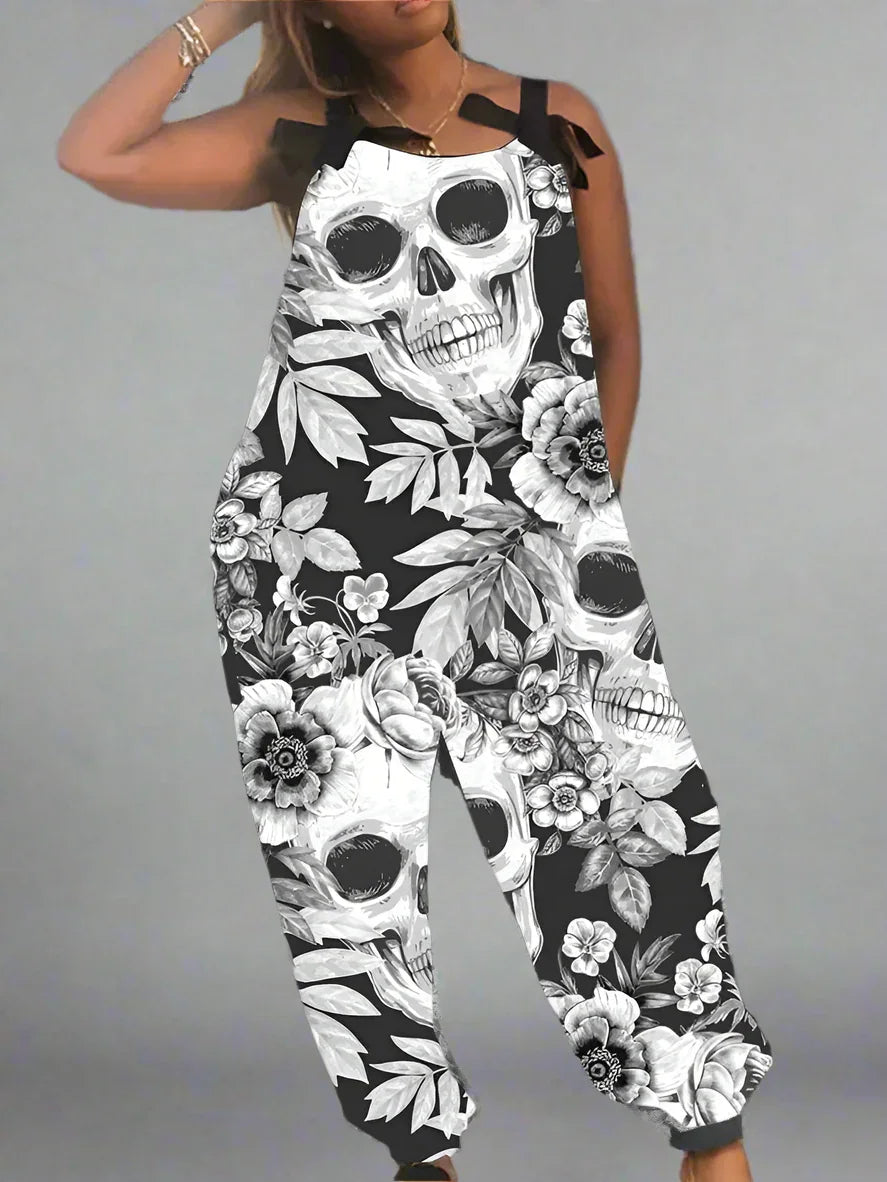 2.Women’s Gothic Skull Print Wide-Leg Jumpsuit – Punk Halloween Streetwear Rompers | High-Waist Full-Length Overalls for Spring, Summer & Autumn