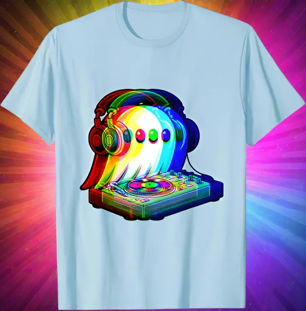 1.Dark Grey - Ghost DJ Optical Illusion T-Shirt – Trippy EDM Rave Halloween Tee for House Music Lovers