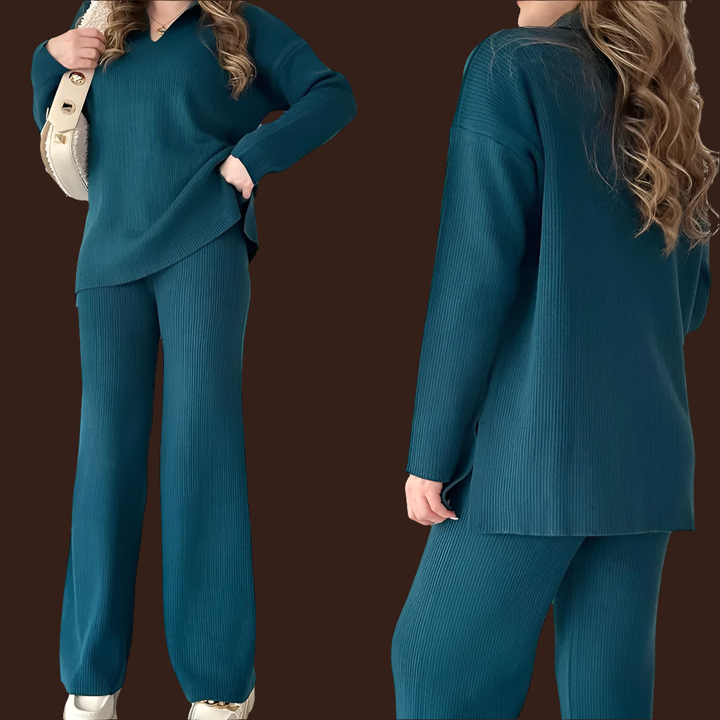 2024 Women's Knitted Pullover Sets 2PCS Solid V Neck Hem Split Loose Top + Set Wide Leg Pants Two Pcs Outfit Female Oversized