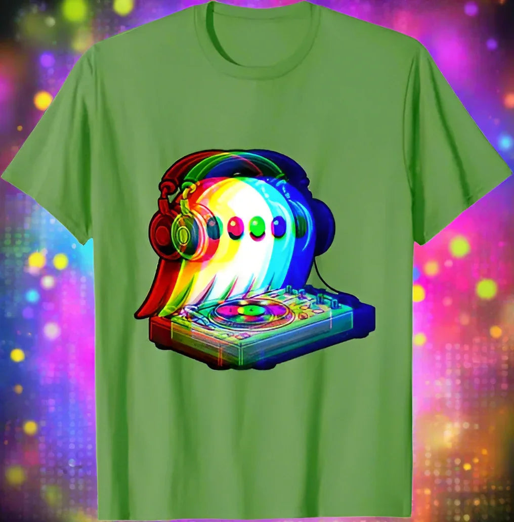 1.Dark Grey - Ghost DJ Optical Illusion T-Shirt – Trippy EDM Rave Halloween Tee for House Music Lovers