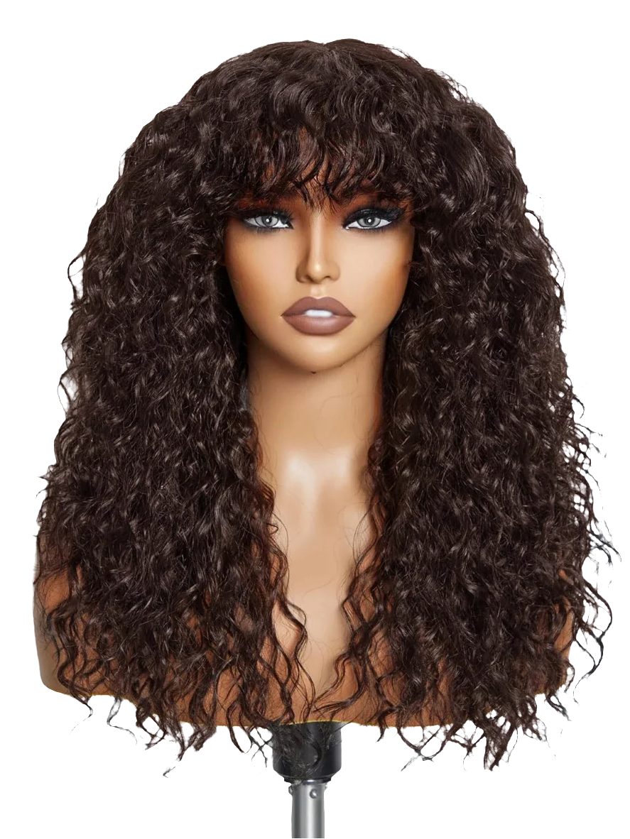 100% Human Hair Wigs with Bang Full Wig Brown Black Highlight Water Wave Machine Made Non Lace Wig with Fringe Bobbi Wig