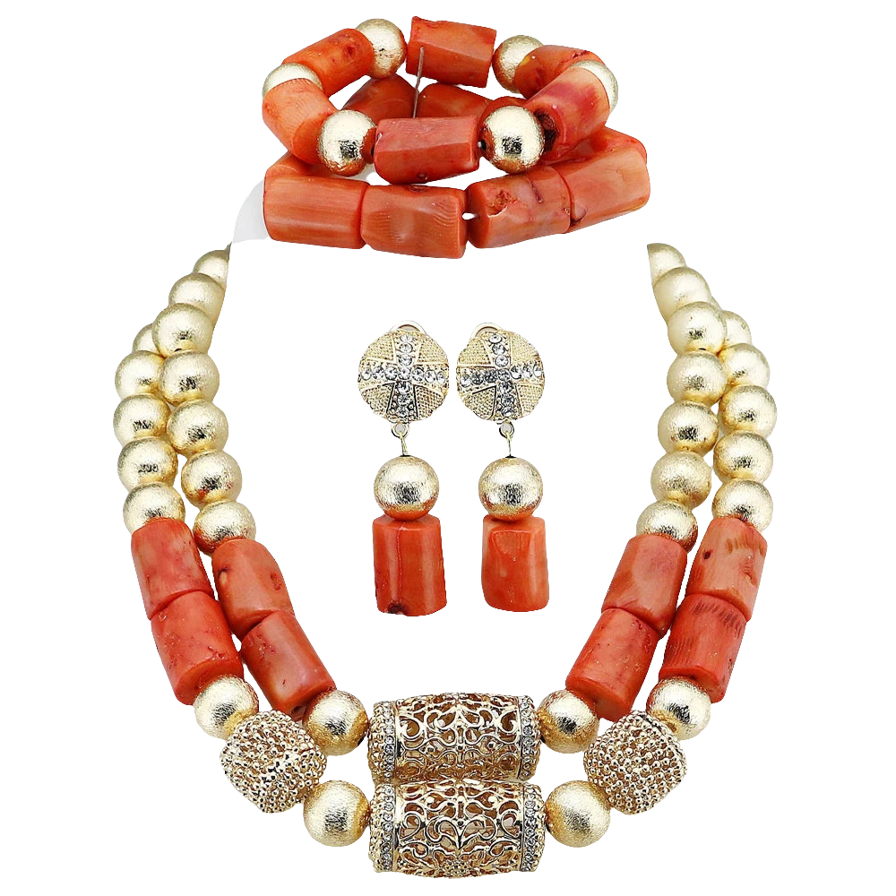 Double Layered Original Coral Nigerian Wedding Beads Jewellery Women Coral Costume Necklace Set
