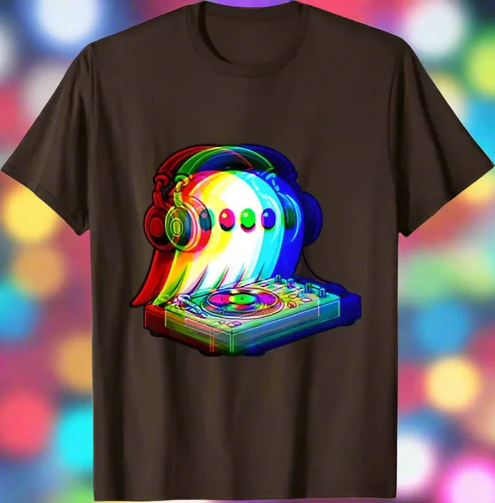 1.Dark Grey - Ghost DJ Optical Illusion T-Shirt – Trippy EDM Rave Halloween Tee for House Music Lovers