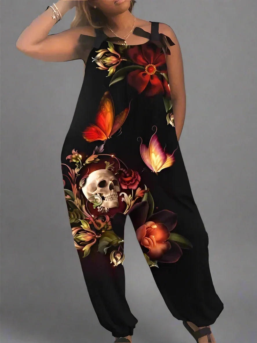 2.Women’s Gothic Skull Print Wide-Leg Jumpsuit – Punk Halloween Streetwear Rompers | High-Waist Full-Length Overalls for Spring, Summer & Autumn