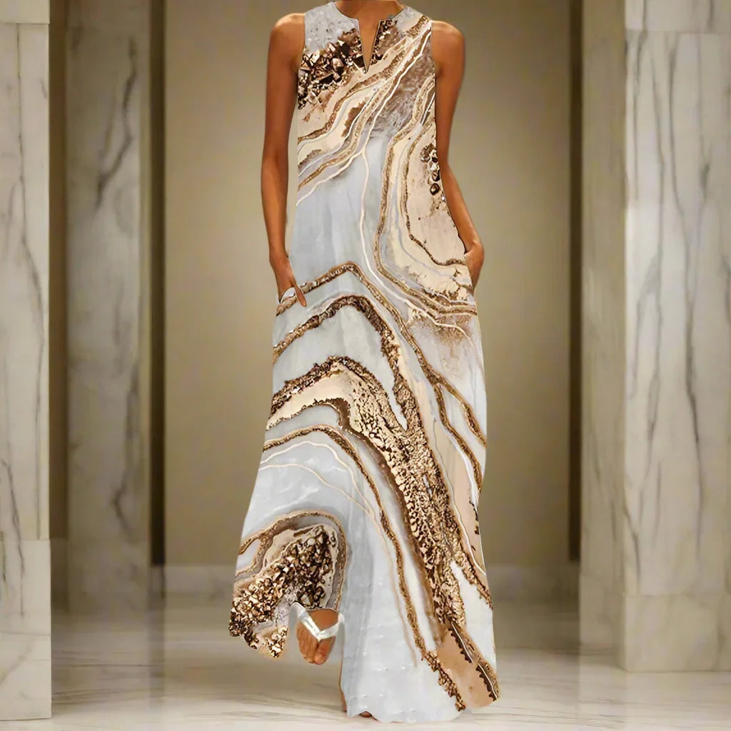 Gold Marble Print Maxi Dress – Women's Sleeveless V-Neck Summer Dress with Pockets