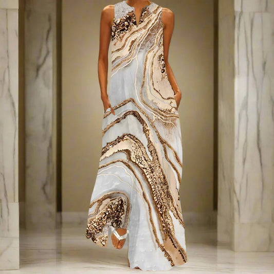 Gold Marble Print Maxi Dress – Women's Sleeveless V-Neck Summer Dress with Pockets